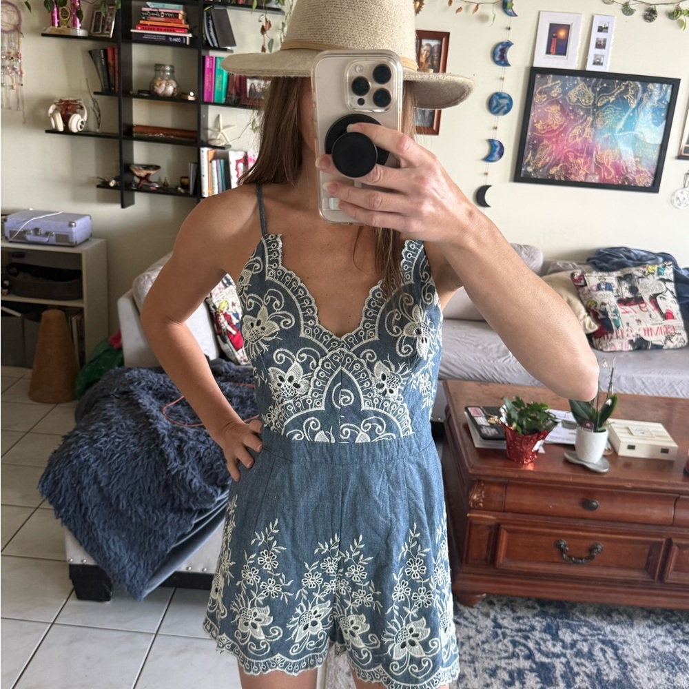 Chicwish Blue and White Embroidered Romper